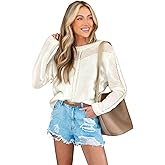 CUPSHE Women's Fall Lightweight Sweater Crew Neck Pullover Crochet Hollow Out Long Sleeve Twisted Knitted Jumper