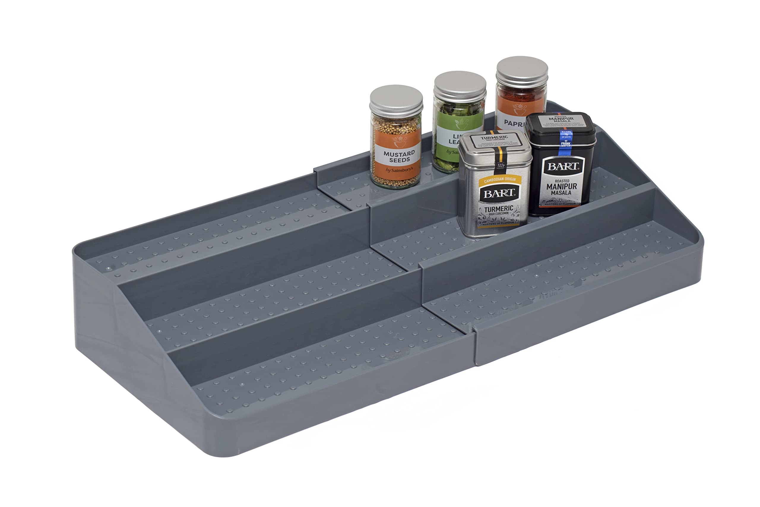 simplywire – Expandable 3 Tier Spice Rack – Kitchen Cupboard Organiser – Grey Plastic Shelves