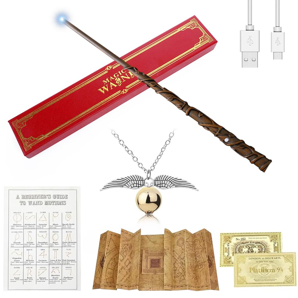 PLLYPE Hermione Granger Wand, 38CM Magic Wand, Light Up Elder Wand, USB Charging Wizarding world wand, Wizard Wand Halloween Dress Up Accessory with Snitch necklace, Spell table, Train ticket