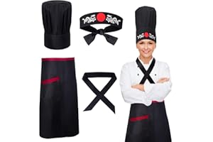 Keymall Hibachi Chef Tall Hat and Apron Costume Set with Headband Tie for Japanese Cuisine Lovers and Hibachi Enthusiasts
