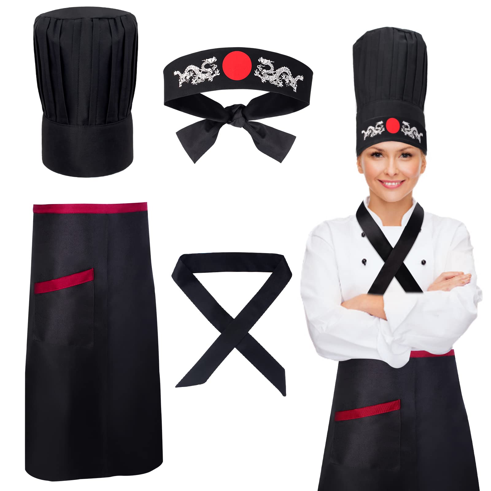 Photo 1 of Keymall Hibachi Chef Tall Hat and Apron Costume Set with Headband Tie for Japanese Cuisine Lovers and Hibachi Enthusiasts