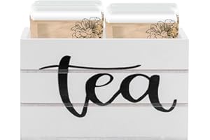 Rmeosye Small Tea Bag Box Wooden Tea Bag Holder with Handle Farmhouse Wood Tea Organizer Mini Tea bags Caddy with Handle Storage Chest Countertop Container for Coffee Bar Beverage Supplies (White)