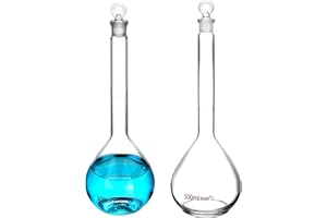 QWORK 500ml Volumetric Flask with Glass Stopper, 2 Pack 3.3 High Borosilicate Glass, Ground Stopper