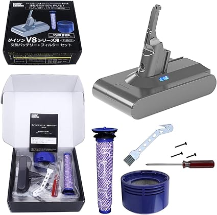 Amazon Co Jp Enelife ダイソンv8掃除機互換バッテリー 吸気フィルター 予備ネジ 日本メーカーの保証とサポート 大電流対応電池で長寿命 純正品比容量50 アップ40mah電池で分長い60分の連続運転 ソニー製電池搭載品より格段に長寿命のmolicel電池