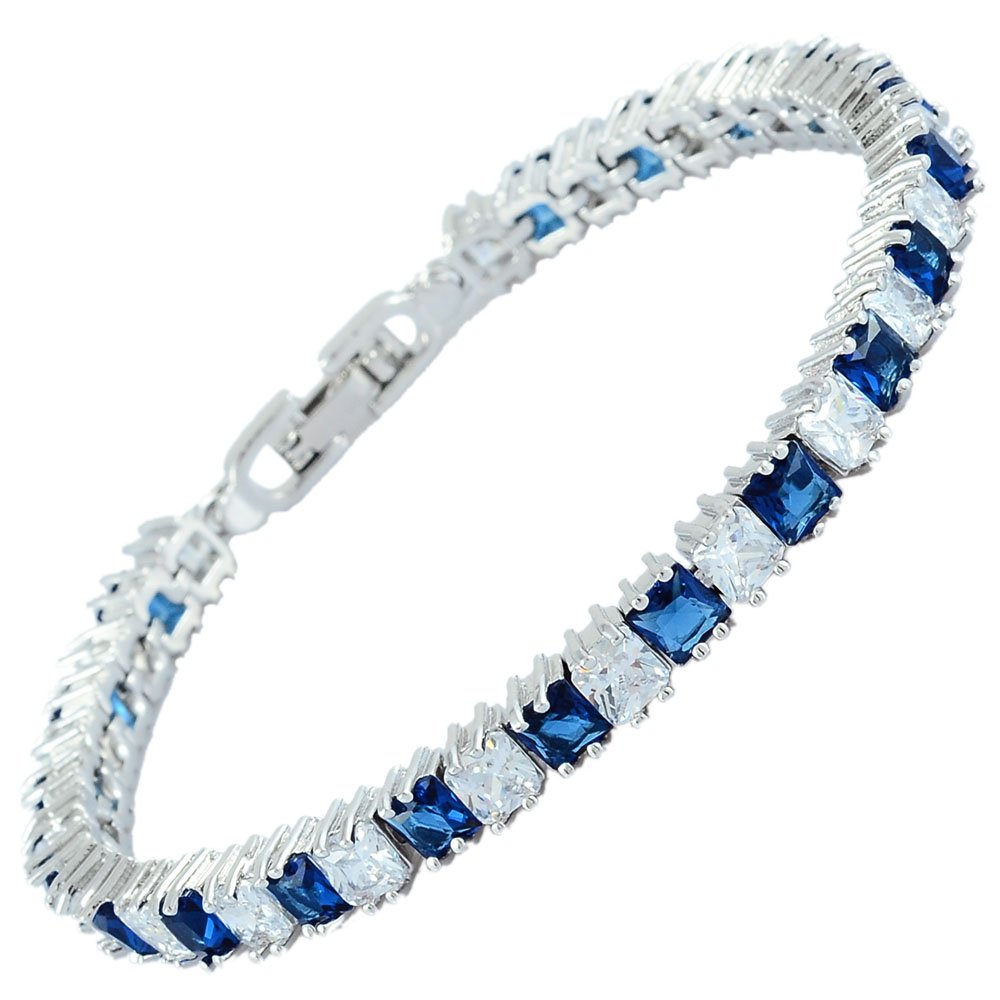 RIZILIA Ice Cubes Tennis Bracelet [18cm/7inch] with Princess Cut Gemstones CZ [Blue Sapphire] in 18K White Gold Plated, Simple Modern Elegance