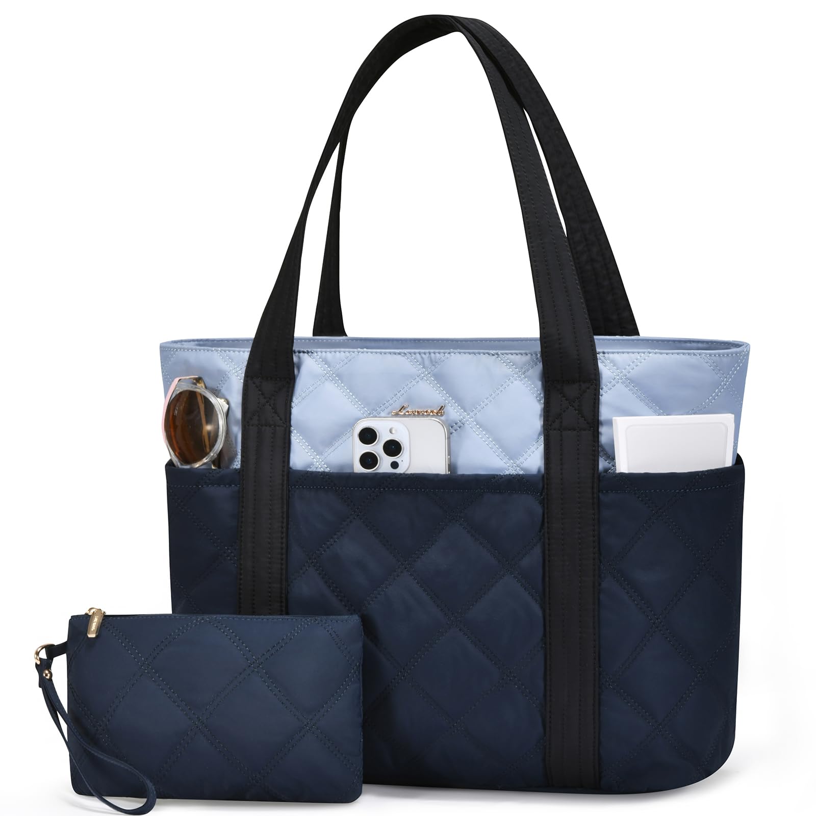 LOVEVOOK Puffer Tote Bag for Women, Puffy 15.6" Work Tote Bags with Large Cup Holder, Travel Essentials with Zipper, Quilted Large Carry On Bags for Gym Teacher Nurse Gifts Image