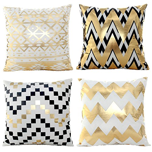 WOMHOPE 4 Pcs - 17" White & Golden Geometric Hot Stamping Super Soft Short Fuzzy Cushion Decorative Pillow Covers Square Throw Pillowcase Cushion Covers for Sofa,Bed (Geometric (Set of 4 pcs))