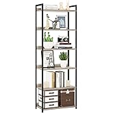 NUMENN Bookshelf, 6 Tier Bookshelves, Home Office Bookcase Shelf Storage Organizer, Free Standing Storage Shelving Unit for Bedroom, Living Room and Home Office, Grey
