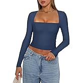 REORIA Women's Basic Sexy Square Neck Long Sleeve Y2K Going Out T Shirt Crop Top