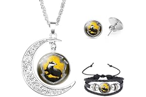 AQUASUKI Hufflepuff Moon Pendant Badger Necklace, Hand Leather Bracelet, Earrings Jewelry Set Gifts for Friendship Women Man