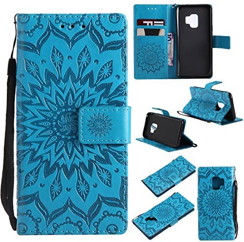SMYTU Galalxy S9 Wallet Case, Premium Emboss Sunflower Flip Wallet Shell PU Leather Magnetic Cover Skin with Wrist Strap Case for Samsung Galaxy S9 5.8"(S-Blue)