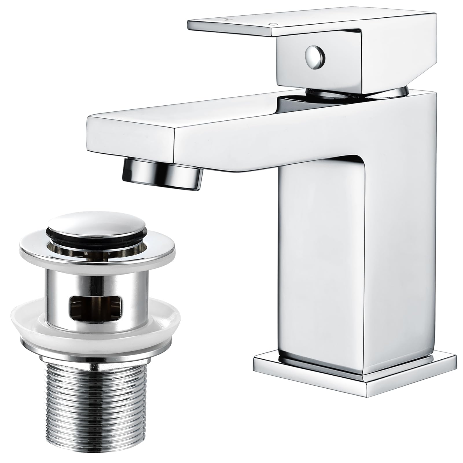 Bathroom Sink Taps Basin Mixer Tap with Pop Up Waste, Square Basin Taps Modern Mono Single Lever Bathroom Mixer Taps with Drain for Bathroom, Washroom, Cloakroom, Chrome
