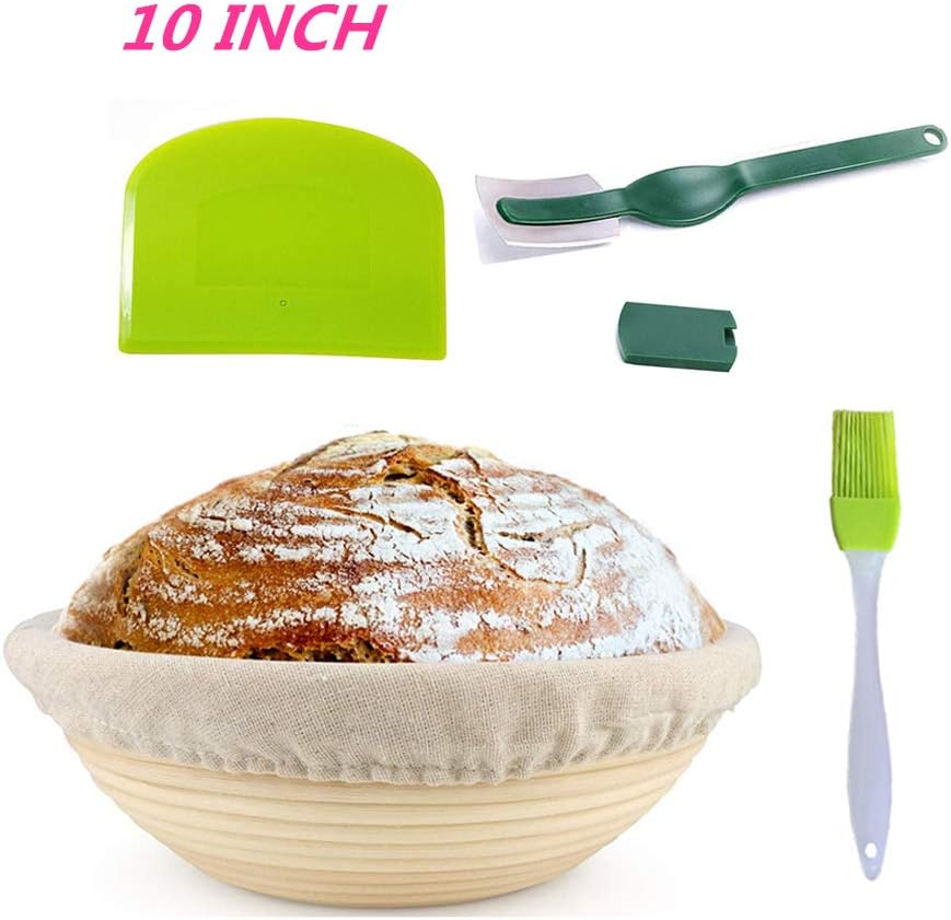 WYCY 25CM Round Bread Basket 10IN Banneton Proofing Basket Natural Rattan Bowl for Dough and Bread for Home Bakers (with Cloth Liner, Dough Scraper, Bread Lame, Silicone Brush) (25CM, Round)