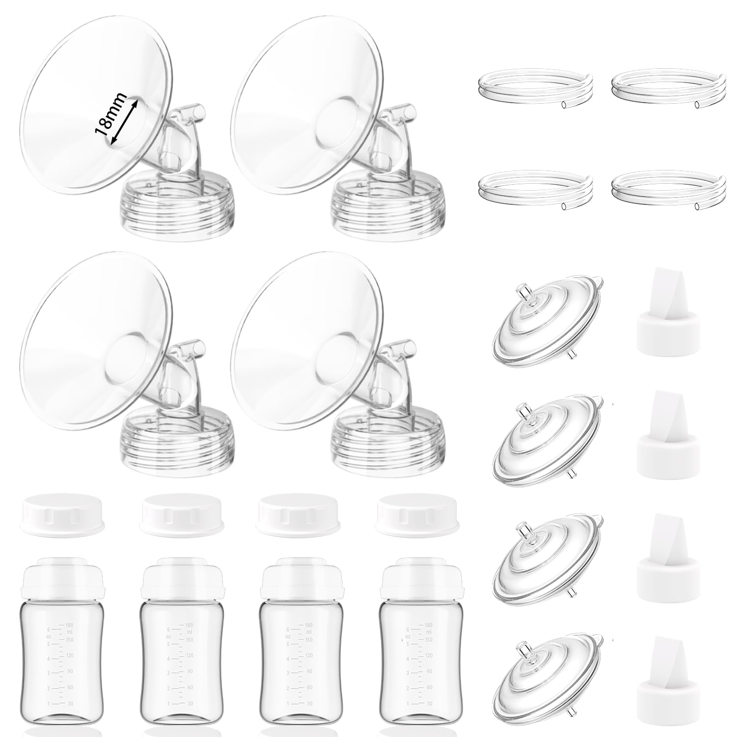 Photo 1 of 4packs 18mm Full Breast Replacement Pump Parts for Spectra S1 S2 9 Plus Synergy Gold Include 13mm Flange,Valve,Backflow Protector,Tube,Bottle,Caps, Fit for Motif Luna Cimilre Ameda MYA Pump