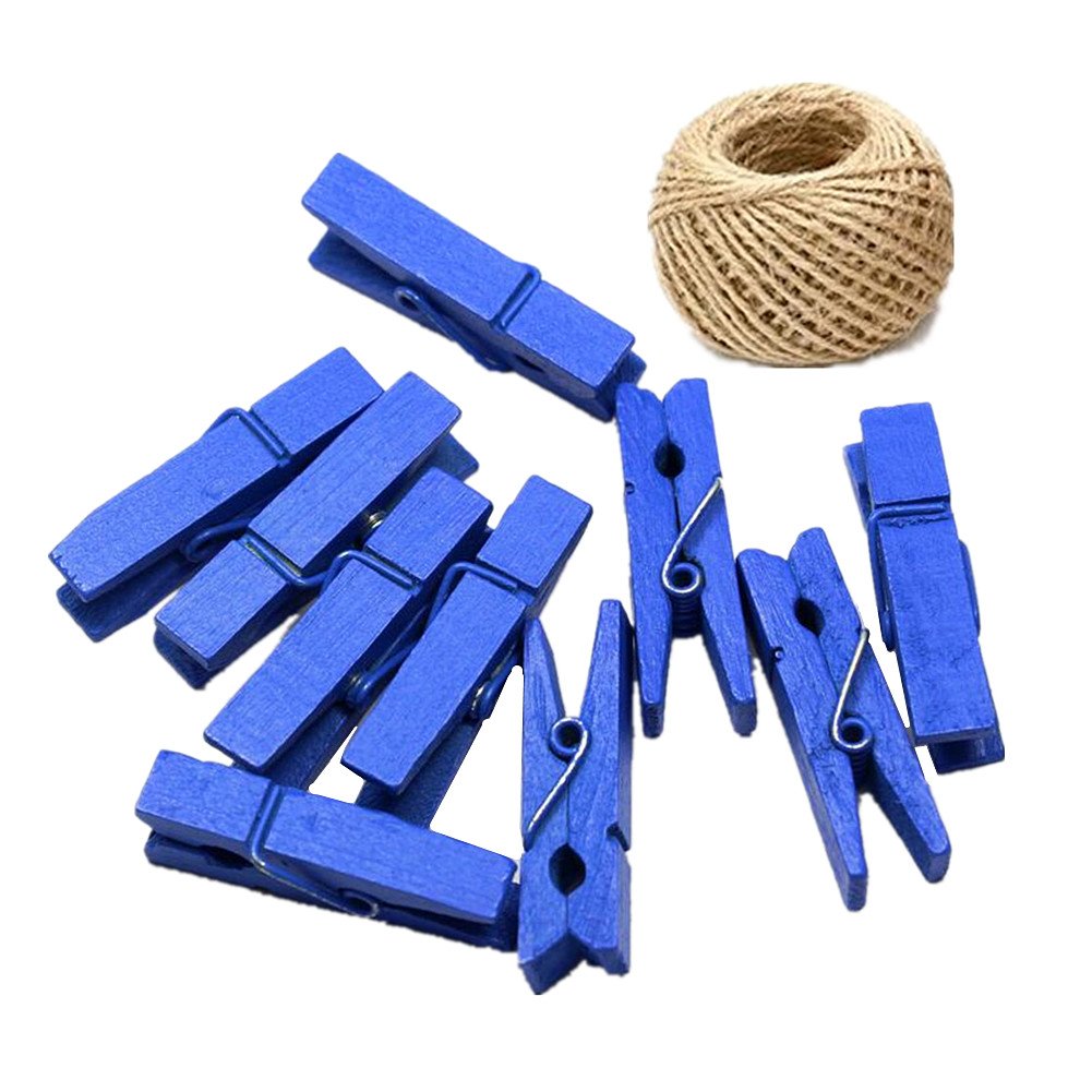 100 Colored Wooden Mini Pegs Clothespins Craft Photo Clips with 20 Meters Jute Twine for Craft Rustic Decoration (Navyblue)