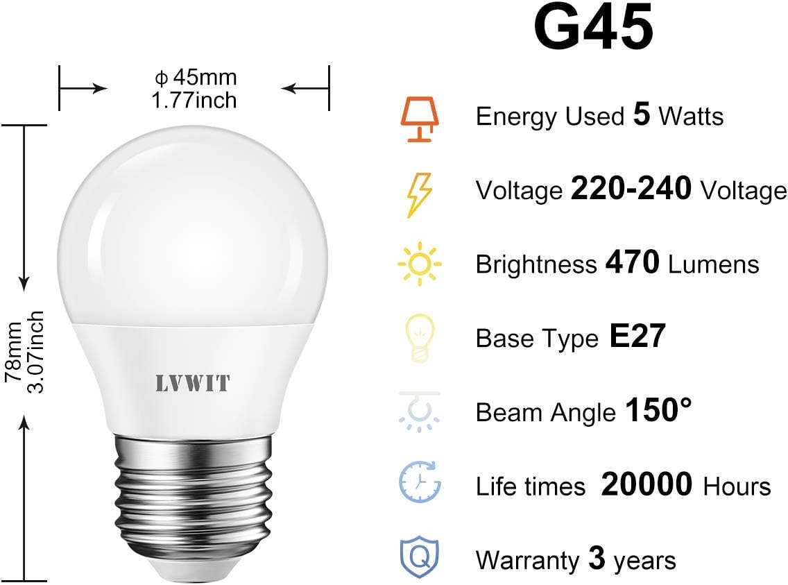 LVWIT 6 Pack E27 LED Light Bulb, 5W Equivalent to 40W, G45 Golf Ball Bulbs 2700K Warm White, 470Lm, Non-Dimmable - Image 4