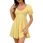 ZTMZA Women's Summer Casual Puff Sleeve Babydoll Dress V Neck Empire Waist Boho Swing Sundresses Beach Mini Dresses