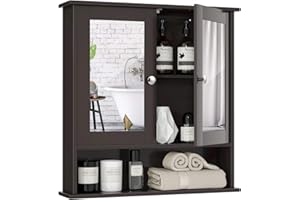 Tangkula Bathroom Cabinet Wall Mounted with Double Mirror Doors, Wood Hanging Cabinet with Doors and Shelves, Bathroom Wall M