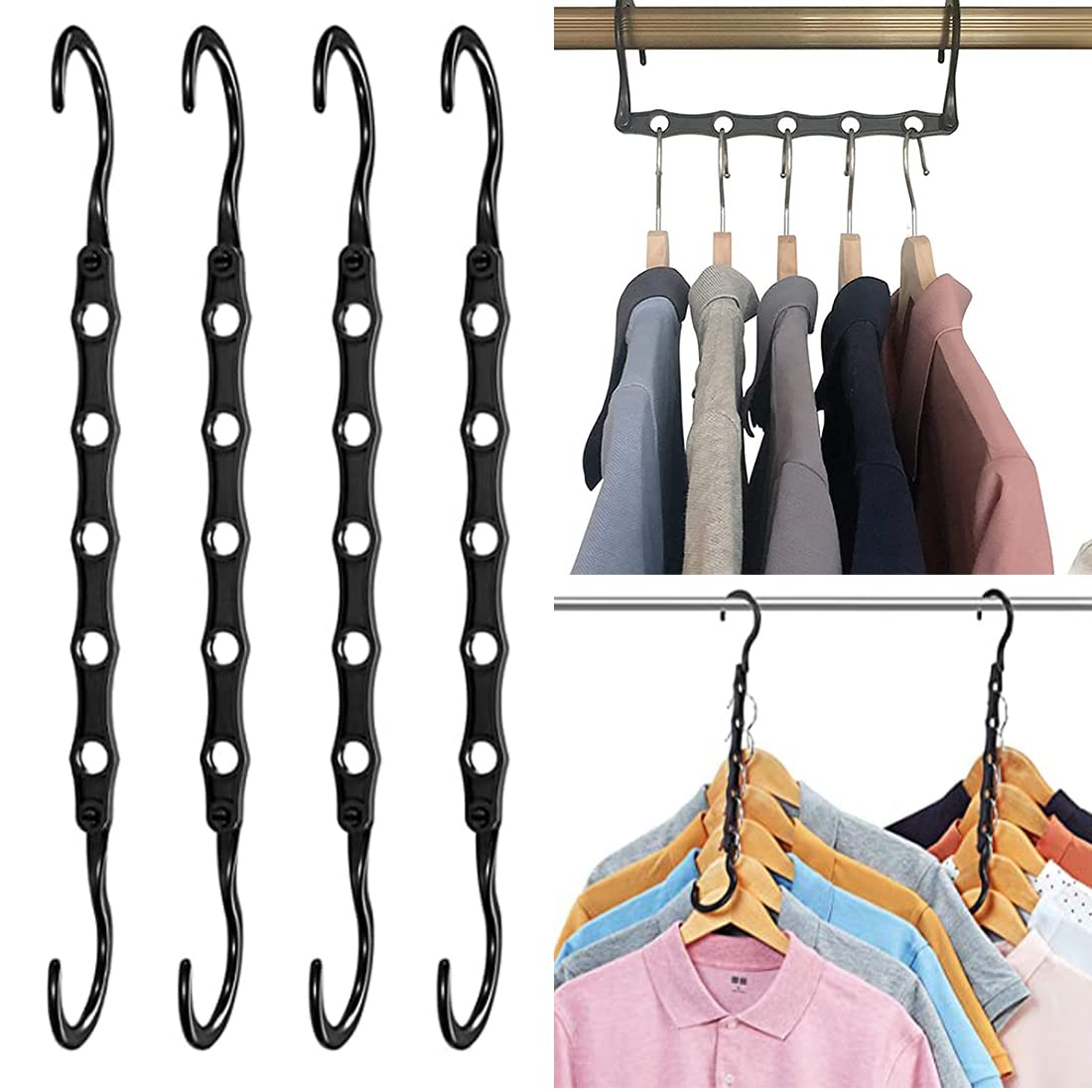 Zhioudz Pack of 4 5-in-1 Clothes Hangers, Space-Saving Rotating Magic Clothes Hangers, Plastic, Multifunctional Black Magic Clothes Hangers, for Wardrobe, Closet