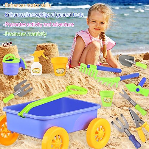 Garden Wagon &amp; Tools Toy Set for Kids - Includes 8 Gardening Tools, 4 Pots, Water Pail and Spray - Great Beach and Sand Toys Perfect Gift For Boys -Girls -Toddlers