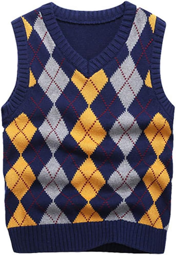 Boys Sweater Vest V Neck Argyle Sleeveless Uniform Knit Plaid Kids Clothes