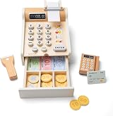 Woet White Wooden Toy Cash Register for Kids with Scanner Card Reader view 3