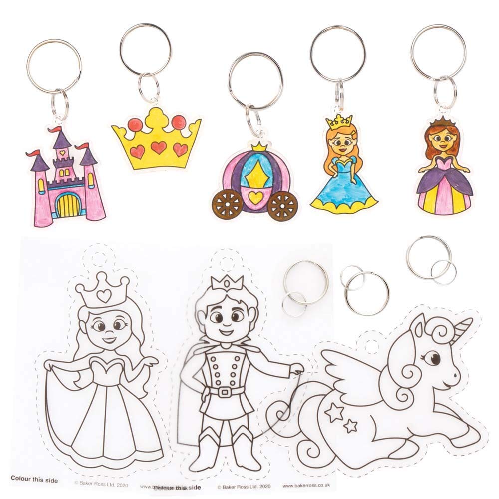 Baker Ross FE298 Princess Super Shrink Keyrings - Pack of 8, Keyrings for Crafts to Colour in, Make and Display, Make Your Own for Kids, Princess Shrink Art Keyrings