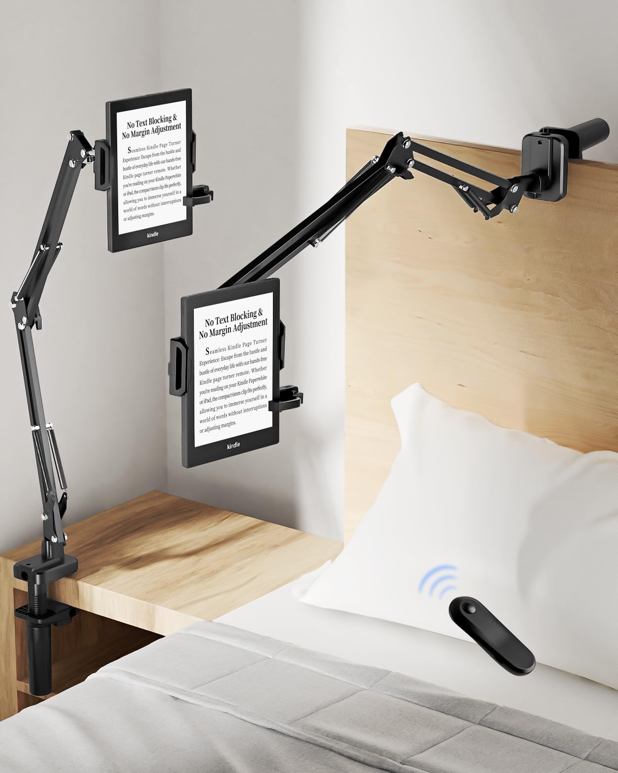 Photo 1 of Bongogoo Kindle Holder with Remote Page Turner – Kindle Stand with Remote Page Turner for Bed, Hands-Free Clip Mount, Easy-Adjust Steel Arm (Not Gooseneck), No Text Blocking