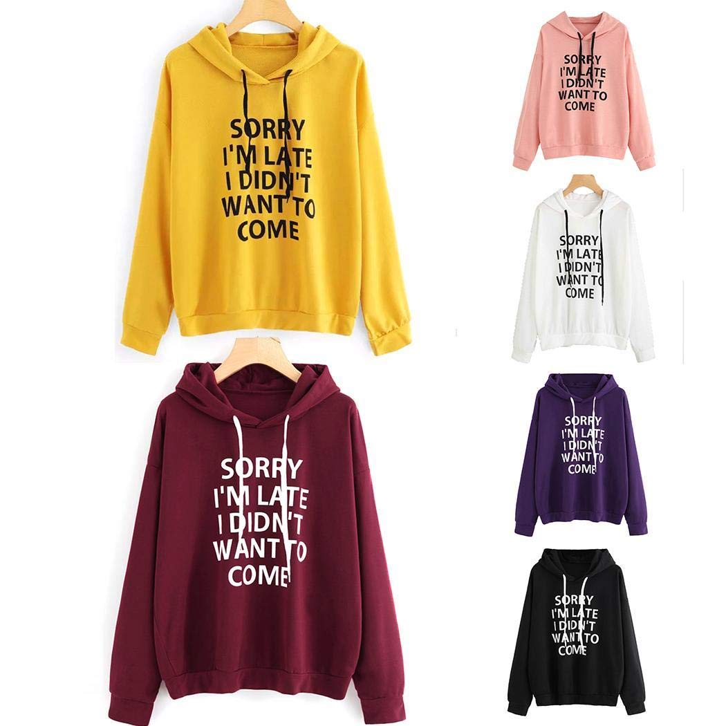 codemack Women Fashion Letter Print Long Sleeve Pullover Hooded Loose Sweatshirts Top Fashion Hoodies Wine Red