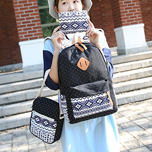 Coohole Girl Canvas Shoulder School Bag Backpack+Crossbody Tote Bag+Clutch Purse (Black)