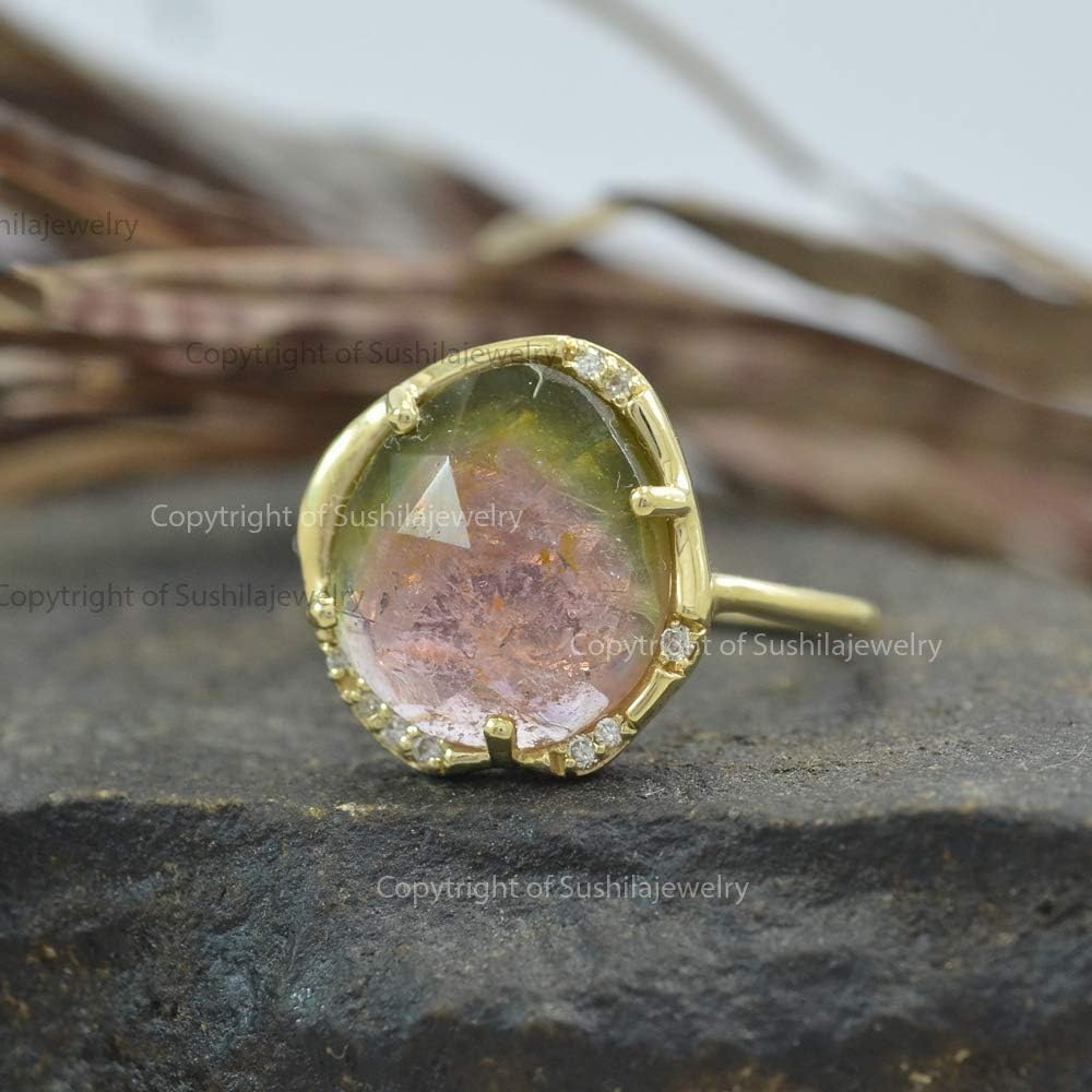 Genuine Watermelon Tourmaline Real SI Quality Diamond G-H Color Ring 14K Solid Yellow Gold Christmas Jewelry US Size 3 to 9