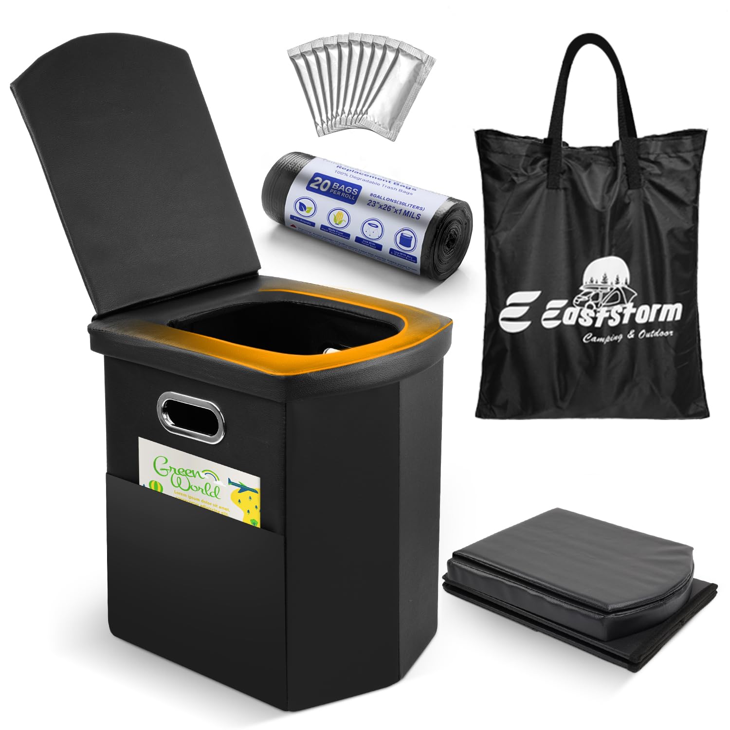 E EASTSTORM Portable Camping Toilet, Home-Height 16.5" Adult Travel Toilet with Soft Seat – Foldable Outdoor Porta Potty for Camping, Festivals, Fishing, Emergencies, Car Trips & Guest Bedroom Use