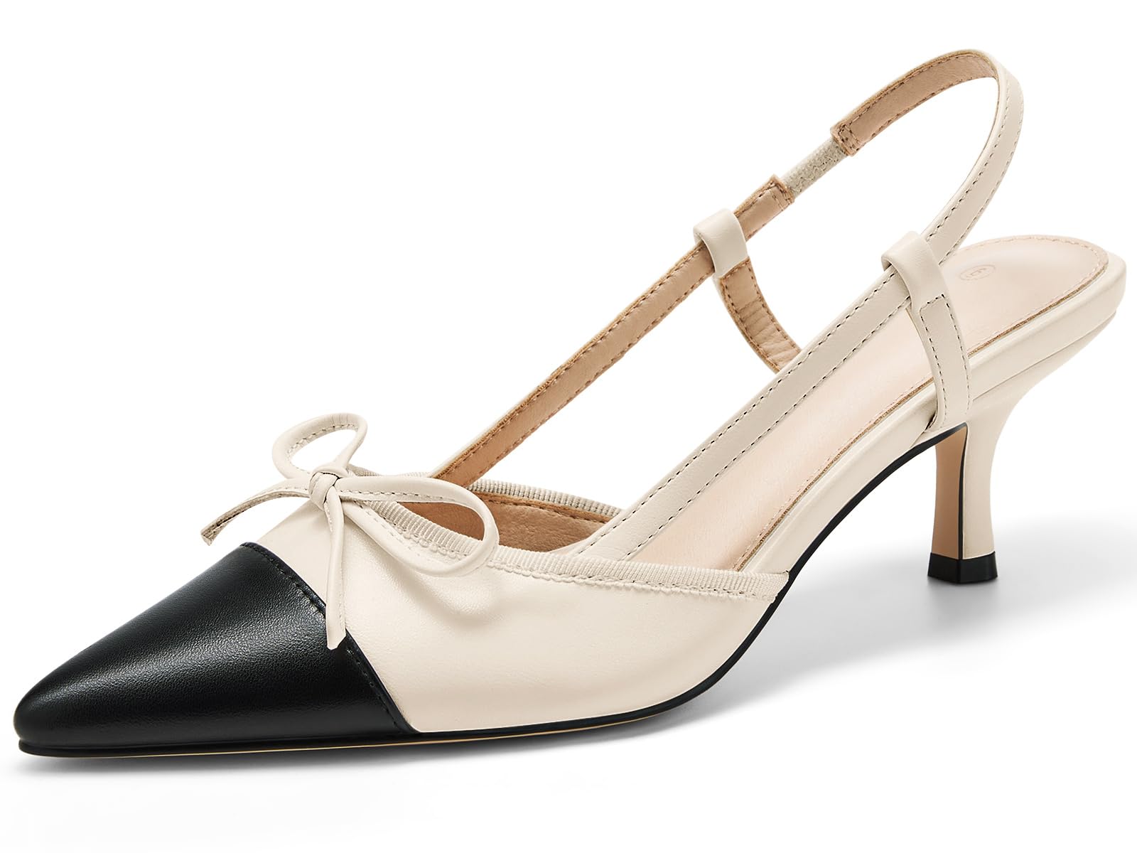 Photo 1 of Coutgo Women's Bow Tie Slingback Pumps Pointed Toe Kitten Low Heel Patchwork Dress Heeled Sandals, Beige, Size 6