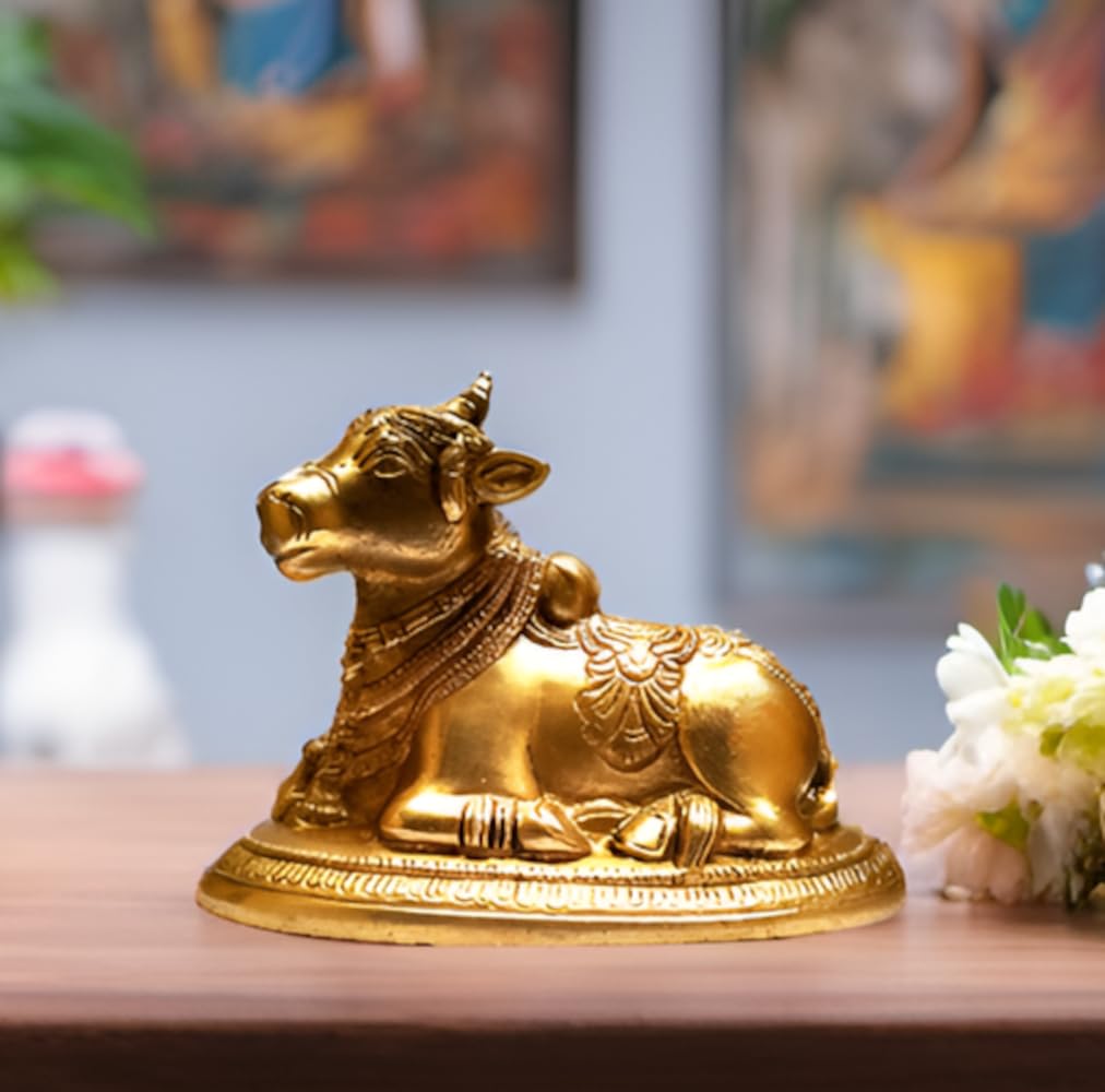 Purpledip Brass Idol Nandi: Siva Parvati Mount Bull Statue (11783)