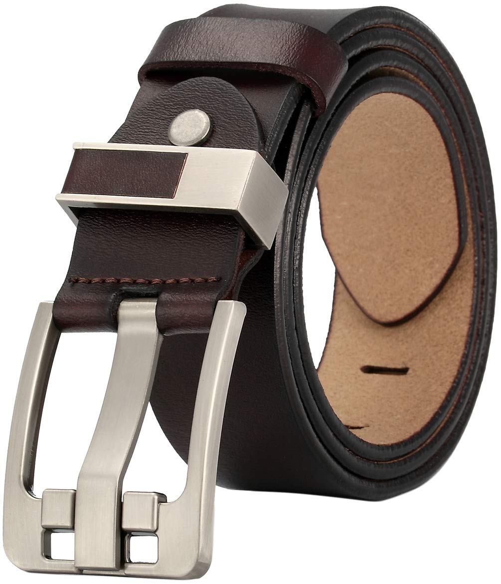 LionVII Men's Leather Belt Full Grain Leather Anti-Scratch Pin Buckle Casual Belts, Great for Jeans Formal Work Wear, Suits Up to 44 inch Waist Brown