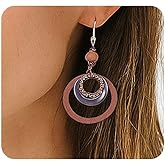 Boho Wooden Dangle Earrings for Women Retro Brown Geometric Dangly Earrings Ligntweight Hippie Handmade Drop Earring Aesthetic Country Jewelry