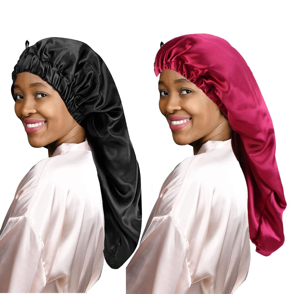 LadayPoa 2 Pcs Long Satin Sleep Cap for Women,Girls Silky Cap for Sleeping Large Satin Bonnet Single Layer Sleep Cap with Button for Long Curly Hair Protection(Black,Red