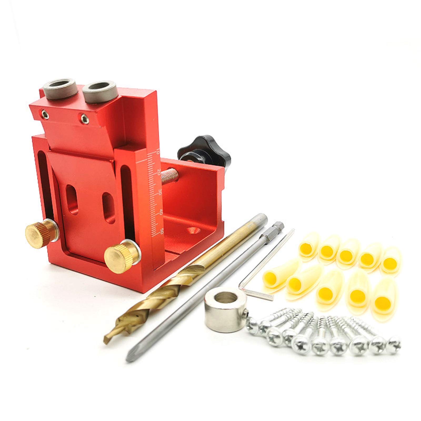 Evwoge Pocket Hole Screw Jig Self Clamp Pocket Hole Jig System Drill Guide with Pocket Hole Drill Bit Screwdriver and Screws Woodworking Kit (Color : Red)