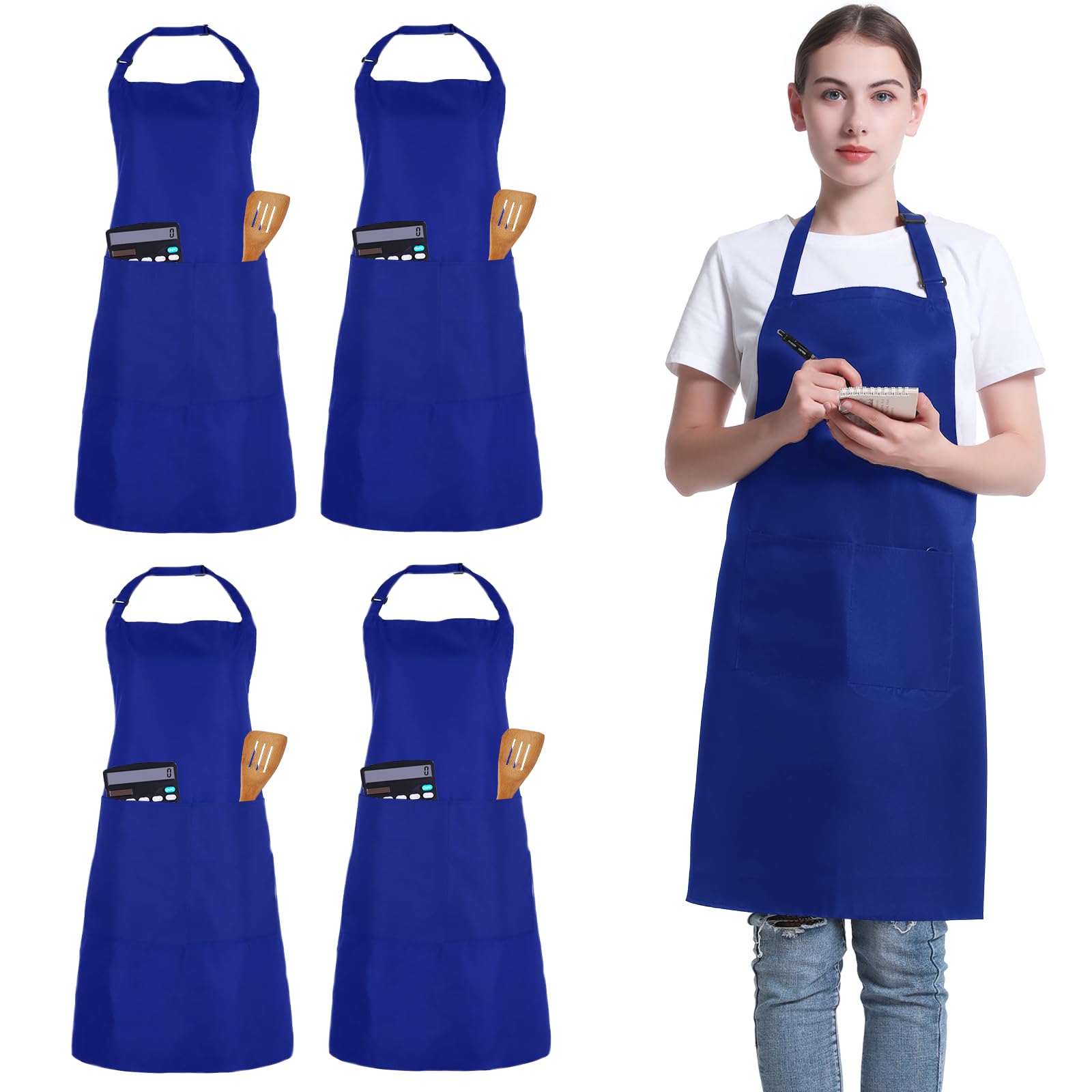 FunChaos 4 Pack Unisex Chef Apron, Adjustable Bib Apron with 2 Pockets, Blue