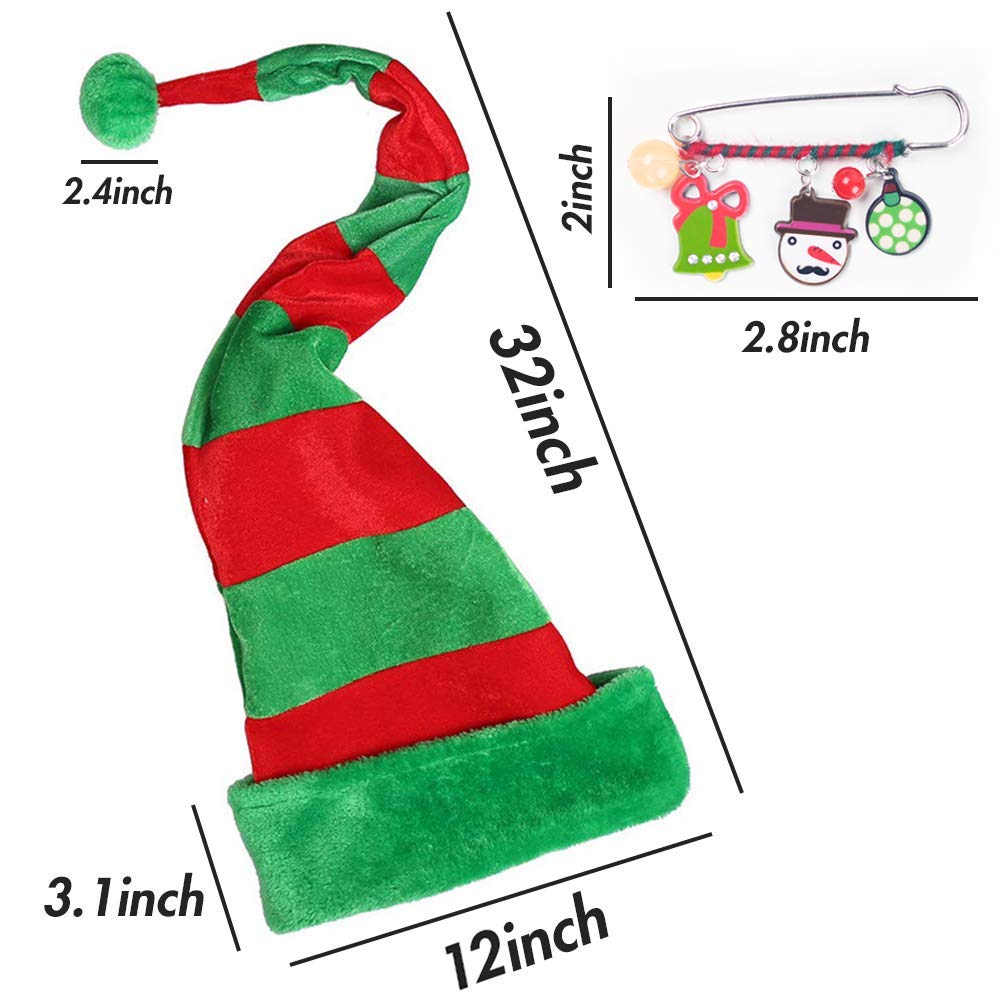 BigOtters Christmas Elf Hat, Long Striped Felt Hat with Cute Brooch Pin for Kids Adults
