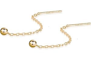 S.Leaf Threader Earrings for Women 925 Sterling Silver Gold Plated Hypoallergenic Backless Ardant Chain Duster Tassel Drop Double Piercing Pull Through Earrings for Women Trendy