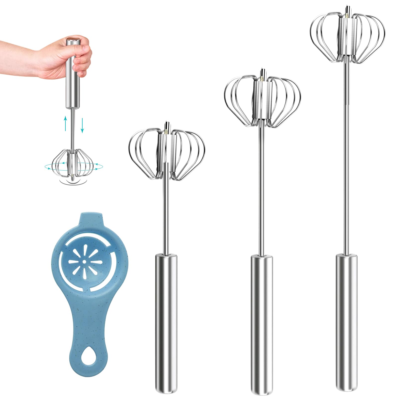 Set of 4 semi-automatic stainless steel whisk set 【New Style】3 pieces whisk (26 cm, 31 cm, 36 cm) and 1 piece protein separator, kitchen whisk for mixing, beating, frothing and stirring