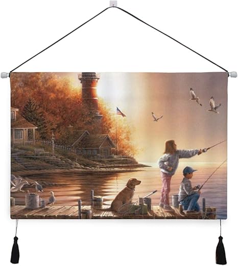Amazon Co Jp Ecomaomi 壁掛けタペストリー 釣りレトロな犬の少年少女釣り森城農村部の川岸自然風光明媚です おしゃれ壁吊り 多機能ホーム装飾 模様替え モダン ウォールアート 部屋 新居祝い ホーム キッチン