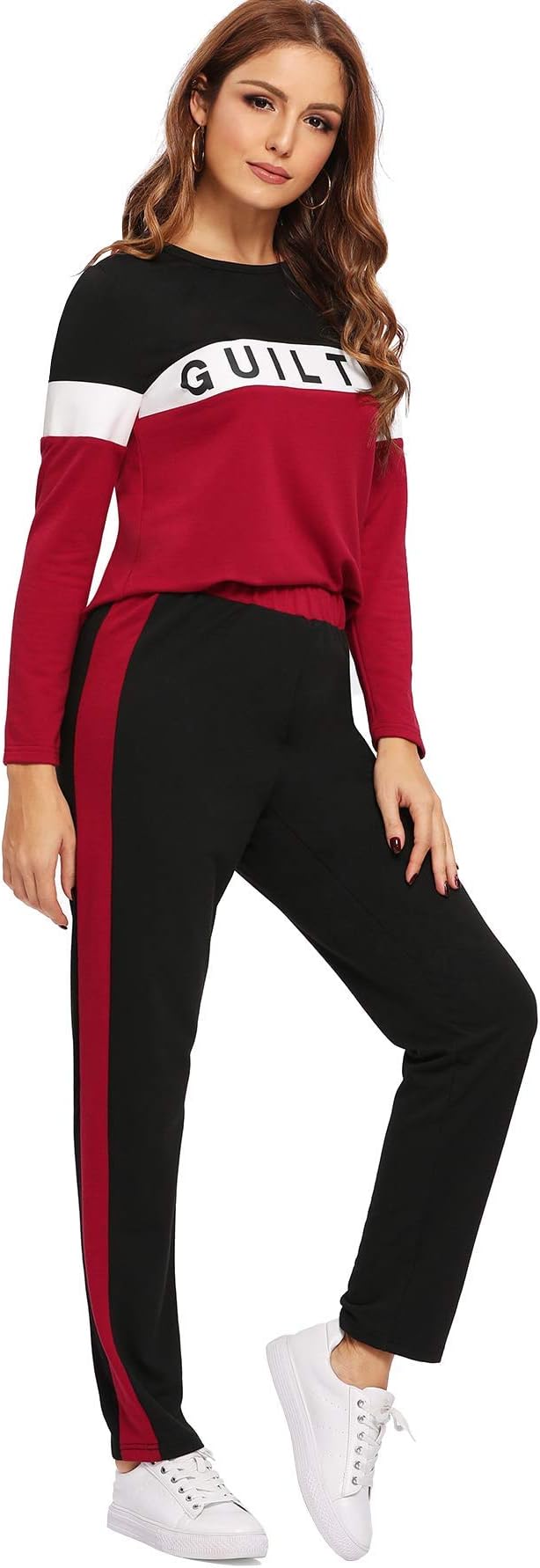 Red and Black Letter Print Colorblock Tape Tee & Leggings Pants Tracksuit Set for Womens (LEG69)