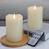 TECHLONG Flameless Candles Battery Operated with Remote Timer, 3D Moving Flame Flickering, Last 600+ Hours Battery Candles, 3" x 5" Ivory Real Wax Electric LED Candle for Wedding Party, Set of 2