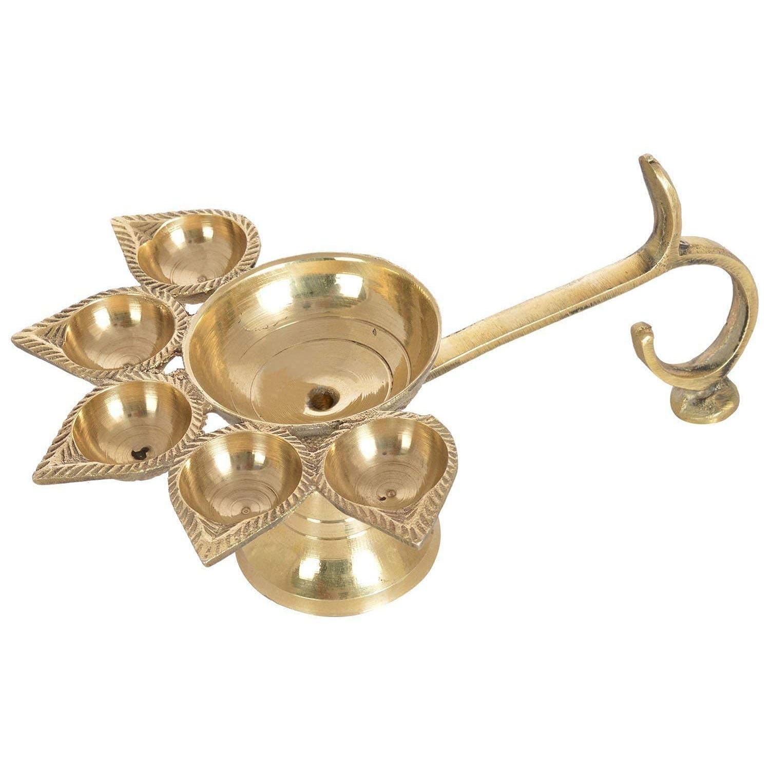 Photo 1 of TIED RIBBONS Brass Diya for Puja | 2.4 Inch, Golden | Panchmukhi Deepak Aarti Oil Lamp | Aarti Diya Brass with Handle Akhand Diya for Puja | Panch Aarti for Diwali, Ganesh Chaturthi Decoration