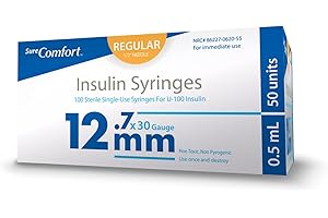 SureComfort U-100 Insulin Syringes 30G x 1/2" 1/2cc (12.7 mm), Quality Disposable Syringes for Diabetes Care, Box of 100