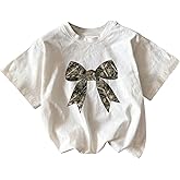 SHENHE Girl's Graphic Bow Tshirt Crew Neck Short Sleeve Camo Print Loose Fit Tee Top