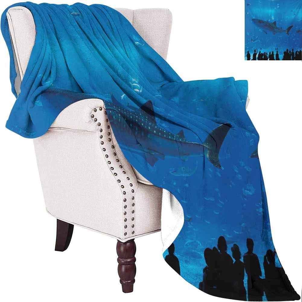MKOK Shark Commercial Grade Printed Blanket Japanese Aquarium Park with People Silhouettes Watching Underwater Life Hobby Image Queen King W70 x L90 Inch Blue Black