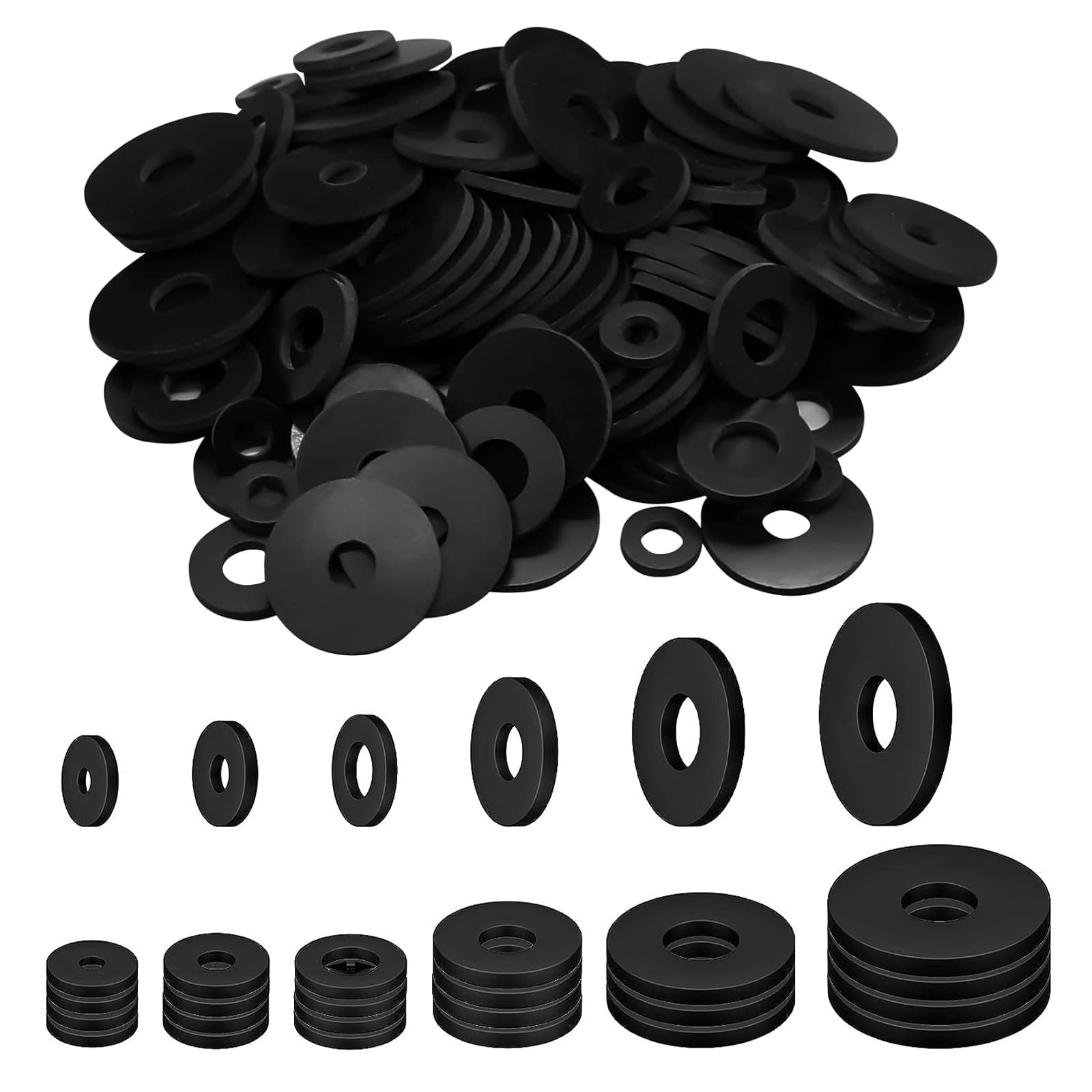 MisFun Rubber Flat Washers Set, 120 Pieces, 6 Sizes (10 x 5 mm, 12 x 6 mm, 16 x 8 mm, 20 x 8 mm, 25 x 10 mm, 30 x 10 mm), Black, for Household Appliances, Taps, Screws Bolts
